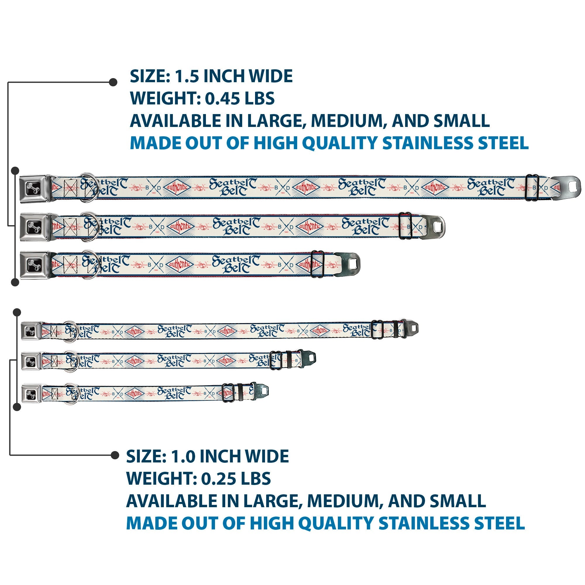 Dog Bone Seatbelt Buckle Collar - BD AUTHENTIC SEATBELT BELT White/Blue/Red