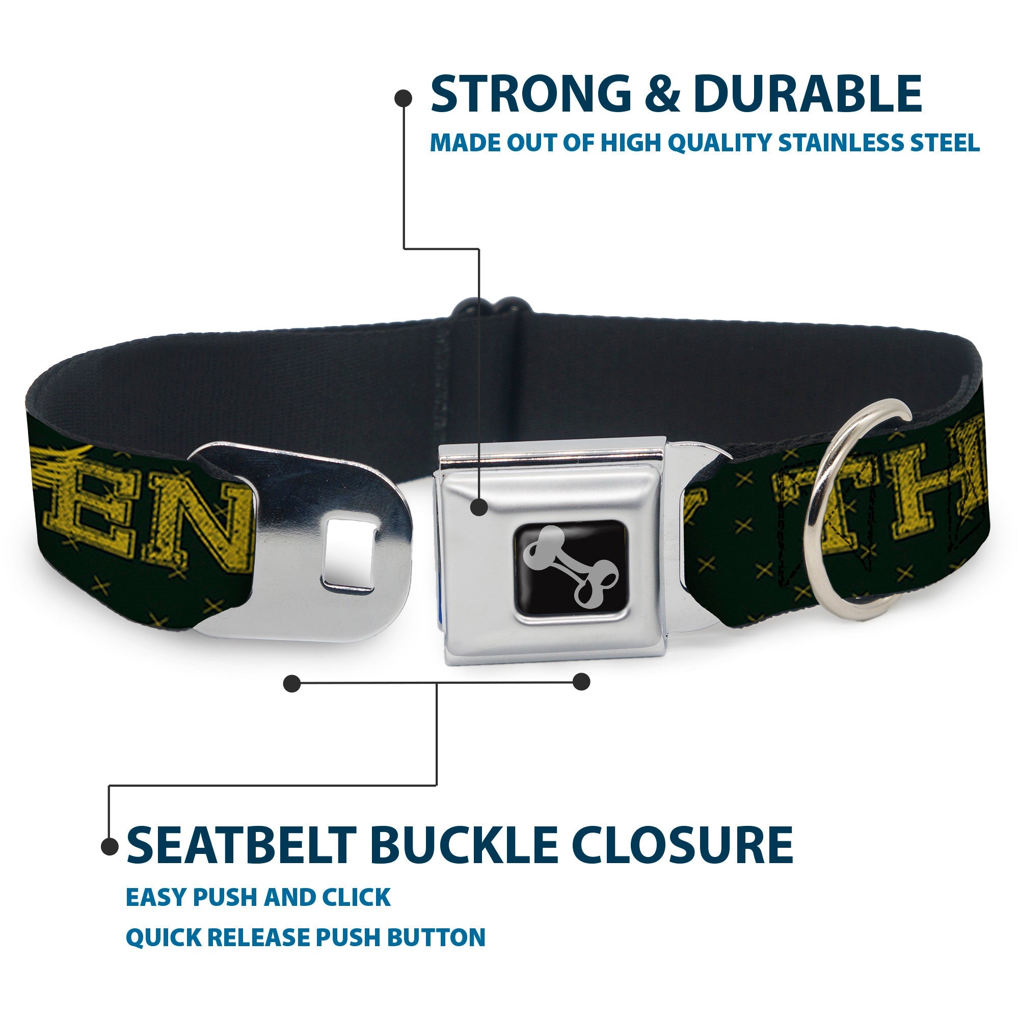Dog Bone Seatbelt Buckle Collar - BD Winged Skull ENJOY THE RIDE Olive/Lime Green