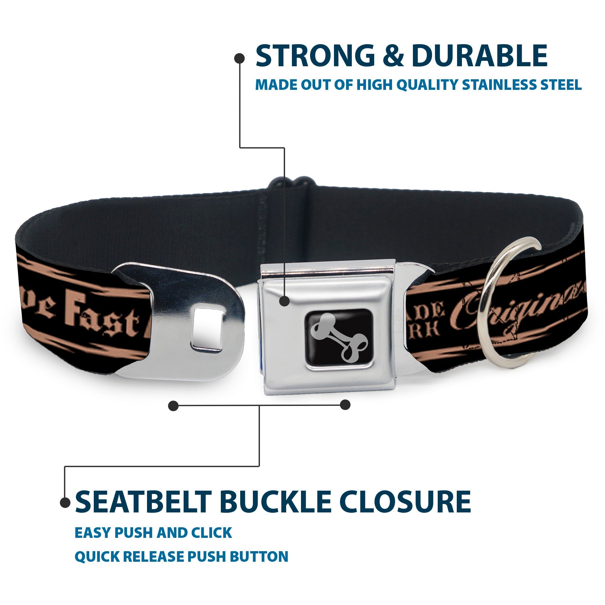 Dog Bone Seatbelt Buckle Collar - BD Skull LIVE FAST AS LIGHTNING Black/Light Orange