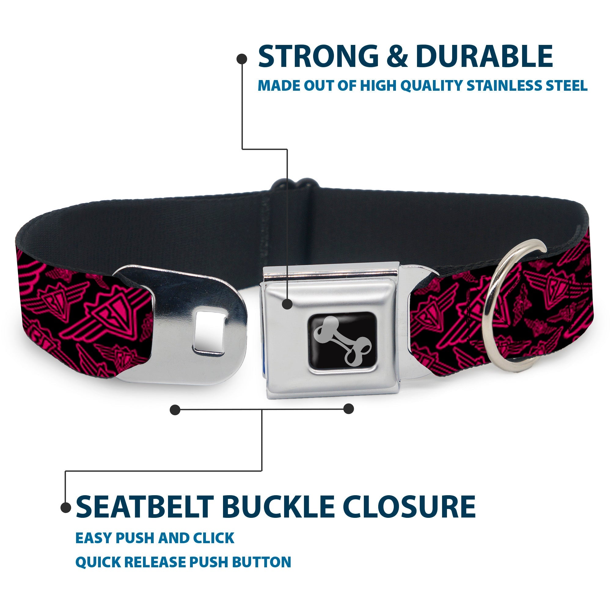 Dog Bone Seatbelt Buckle Collar - BD Logo Scattered Black/Fuchsia