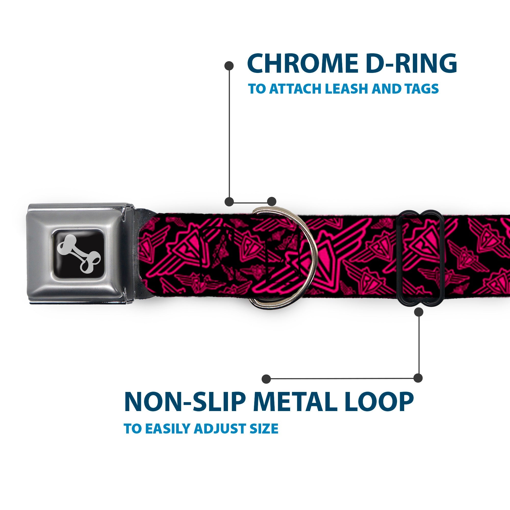 Dog Bone Seatbelt Buckle Collar - BD Logo Scattered Black/Fuchsia