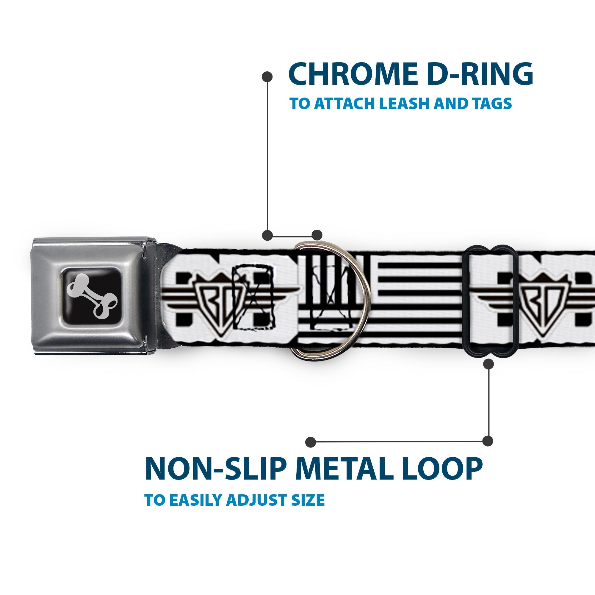 Dog Bone Seatbelt Buckle Collar - BD Logo/American Stripe Flag White/Black