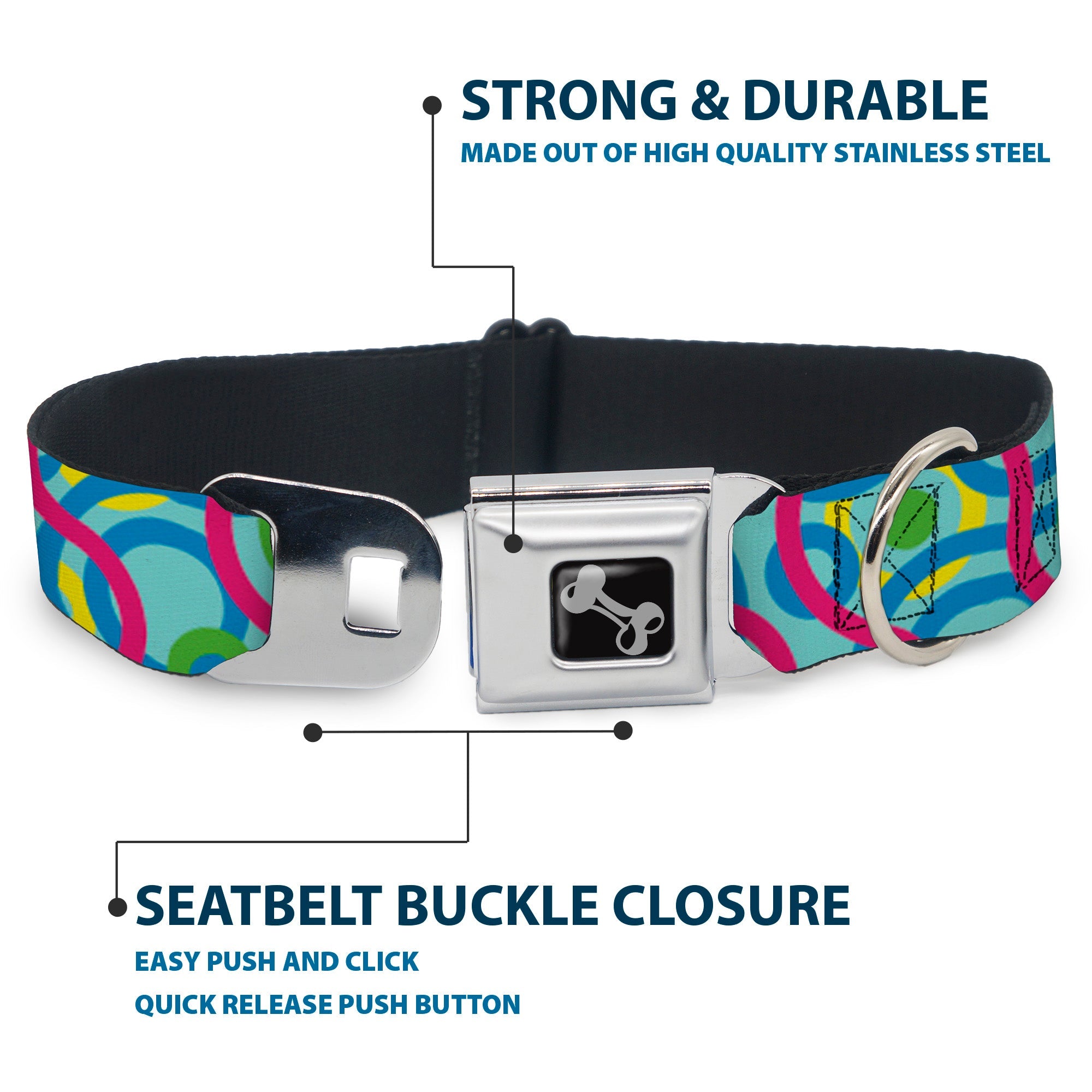Dog Bone Seatbelt Buckle Collar - Bullseye Stacked Swirl Blues/Green/Yellow/Pink