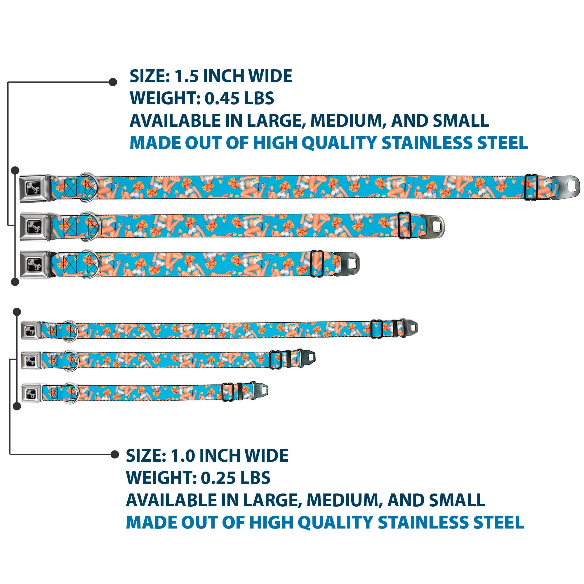 Dog Bone Seatbelt Buckle Collar - Blonde Pin Up Girl Bright Blue