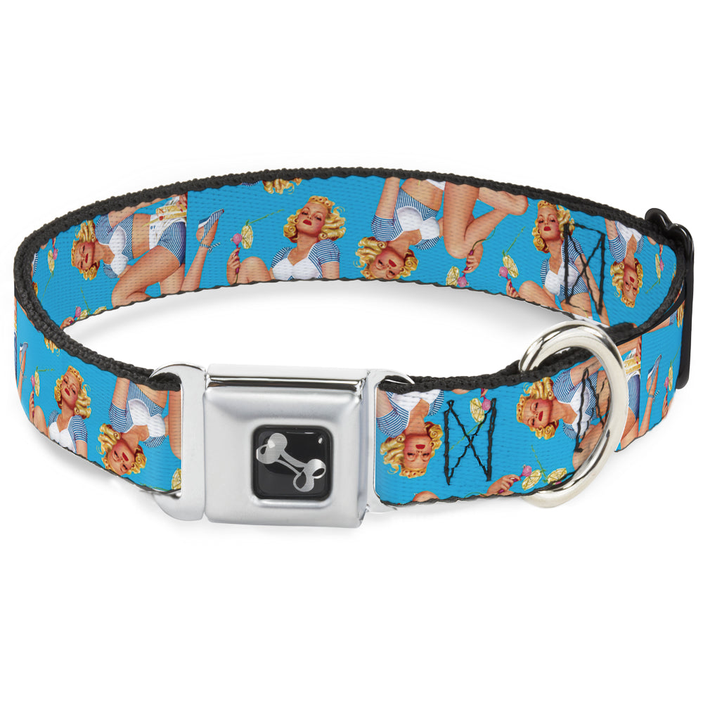 Dog Bone Seatbelt Buckle Collar - Blonde Pin Up Girl Bright Blue