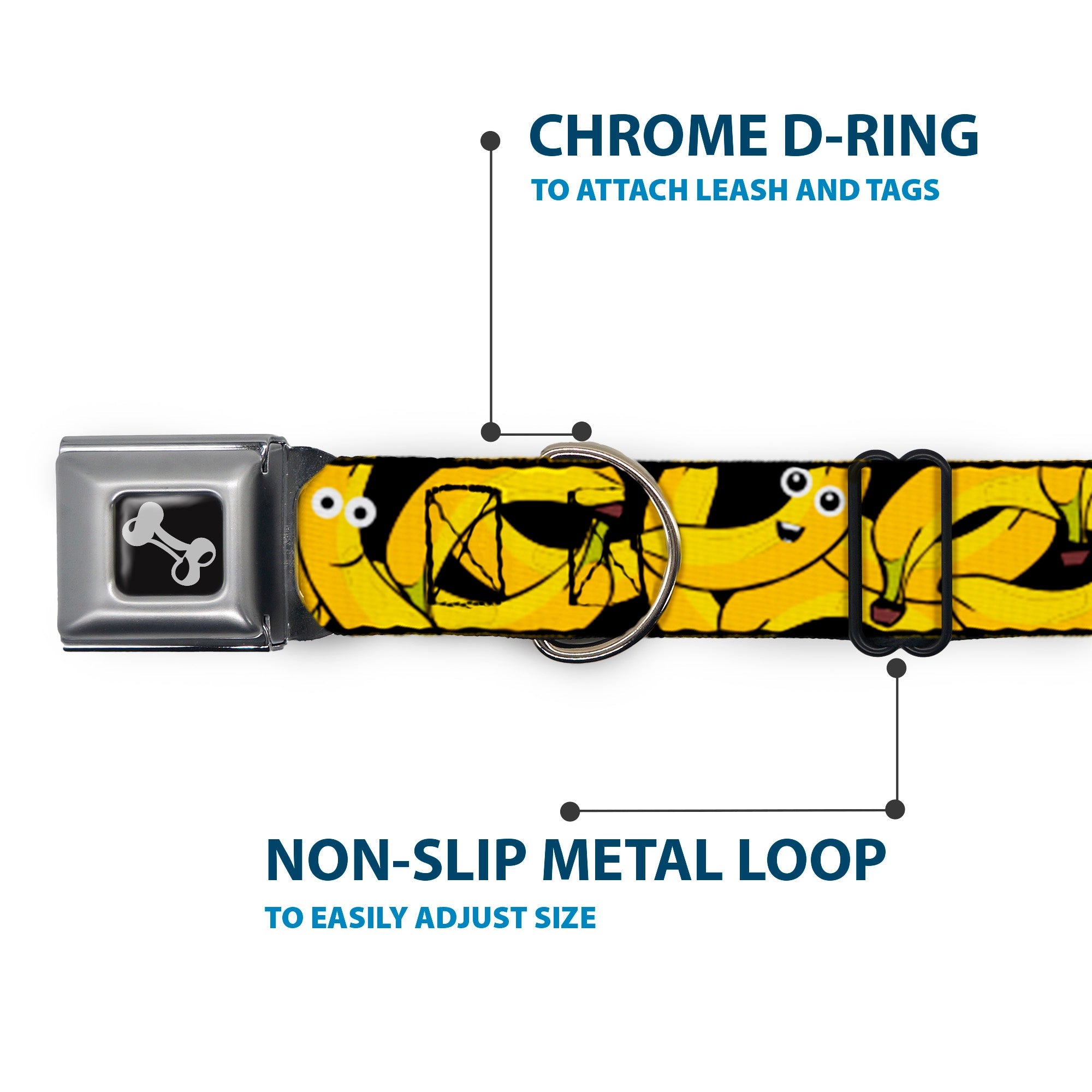 Dog Bone Seatbelt Buckle Collar - Bananas Stacked Cartoon Black//Yellows
