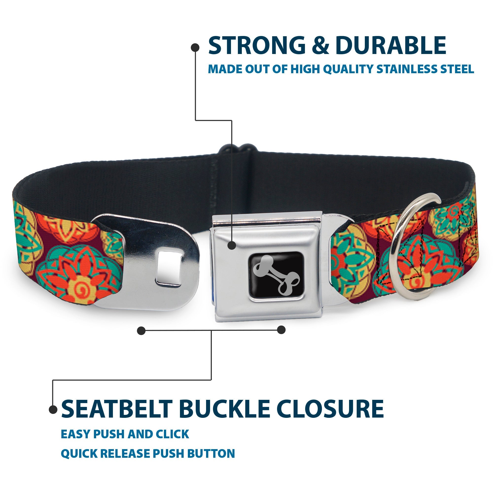 Dog Bone Seatbelt Buckle Collar - Boho Mandala Burgundy/Yellow/Turquoise/Orange