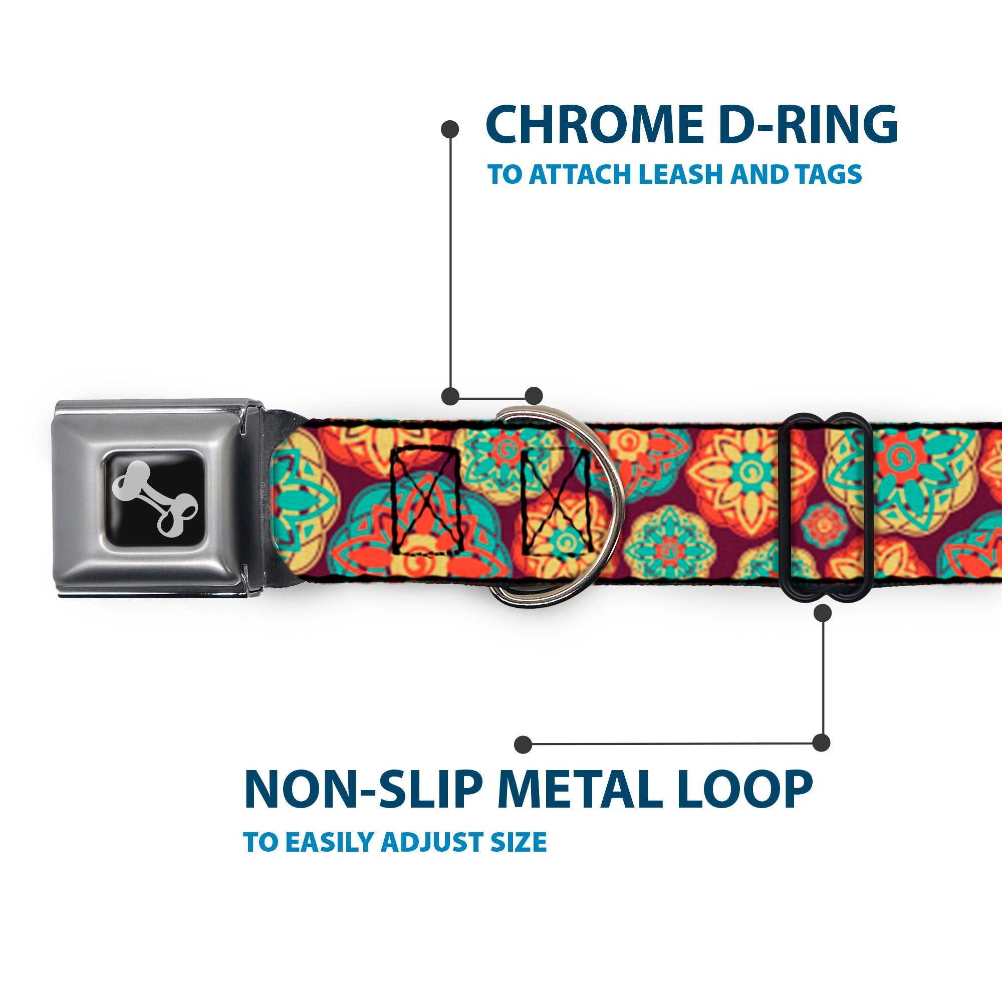 Dog Bone Seatbelt Buckle Collar - Boho Mandala Burgundy/Yellow/Turquoise/Orange