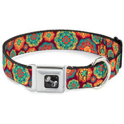 Dog Bone Seatbelt Buckle Collar - Boho Mandala Burgundy/Yellow/Turquoise/Orange