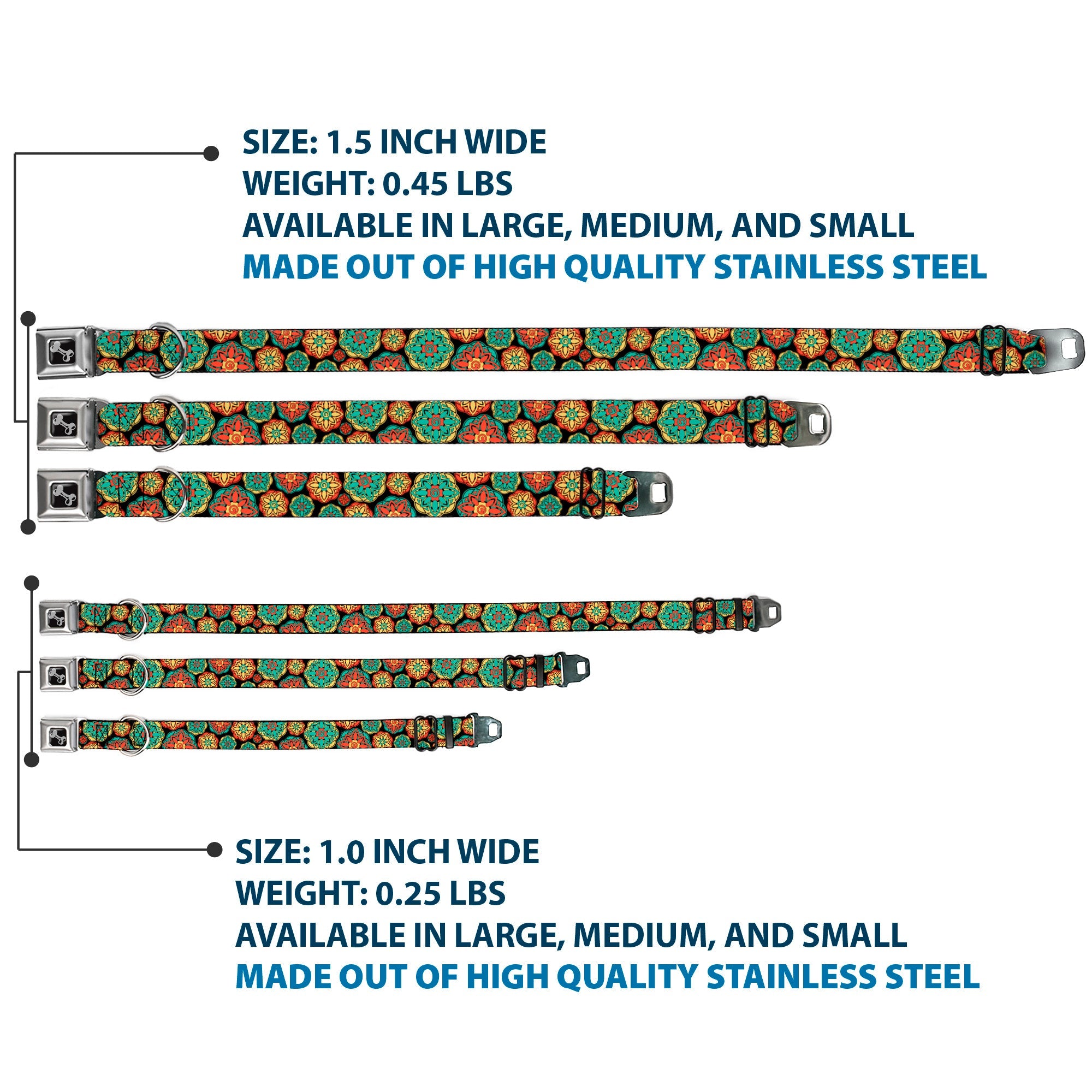 Dog Bone Seatbelt Buckle Collar - Boho Mandala Black/Yellow/Turquoise/Orange