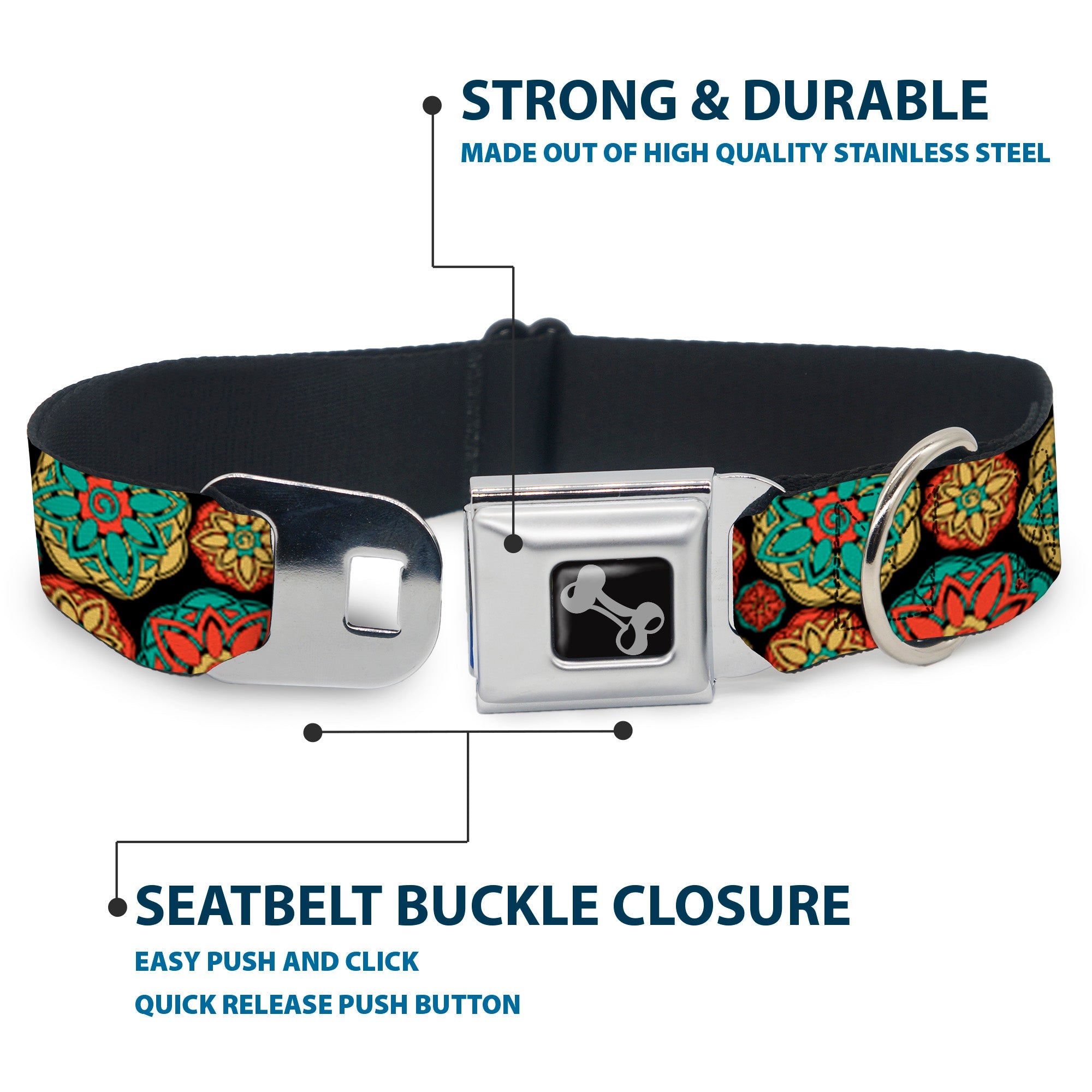 Dog Bone Seatbelt Buckle Collar - Boho Mandala Black/Yellow/Turquoise/Orange