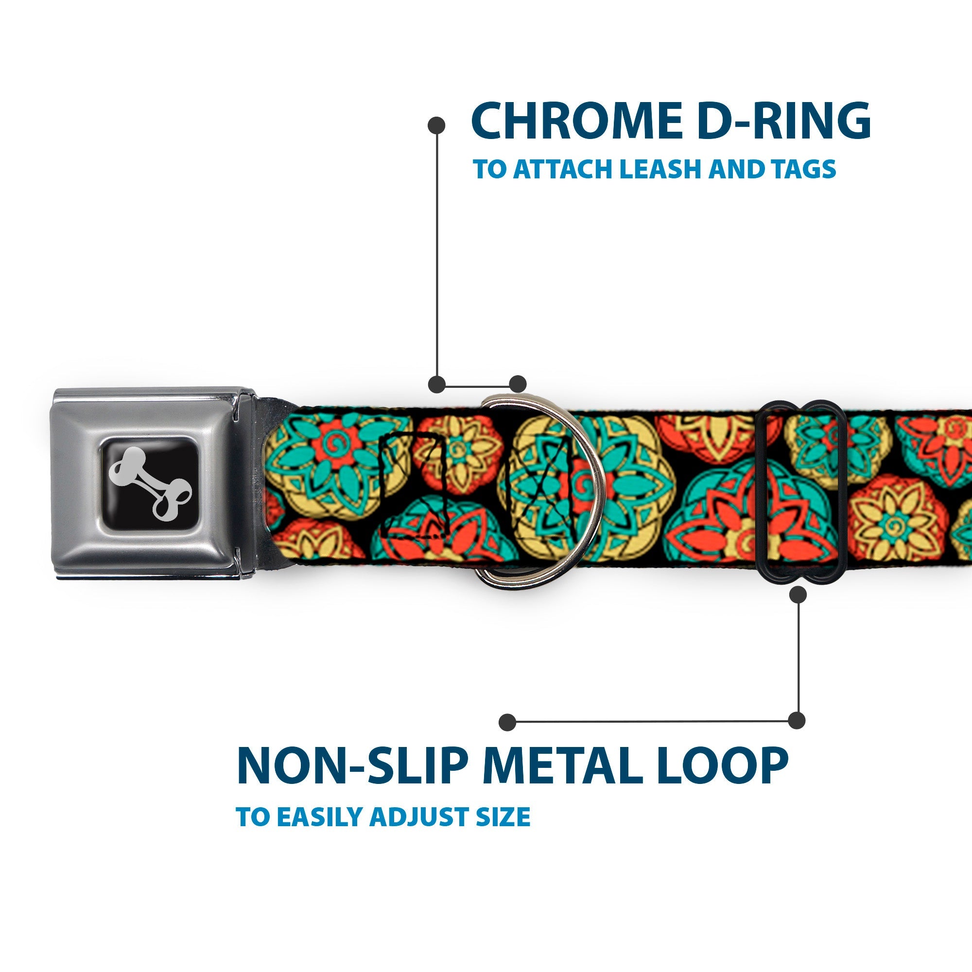 Dog Bone Seatbelt Buckle Collar - Boho Mandala Black/Yellow/Turquoise/Orange