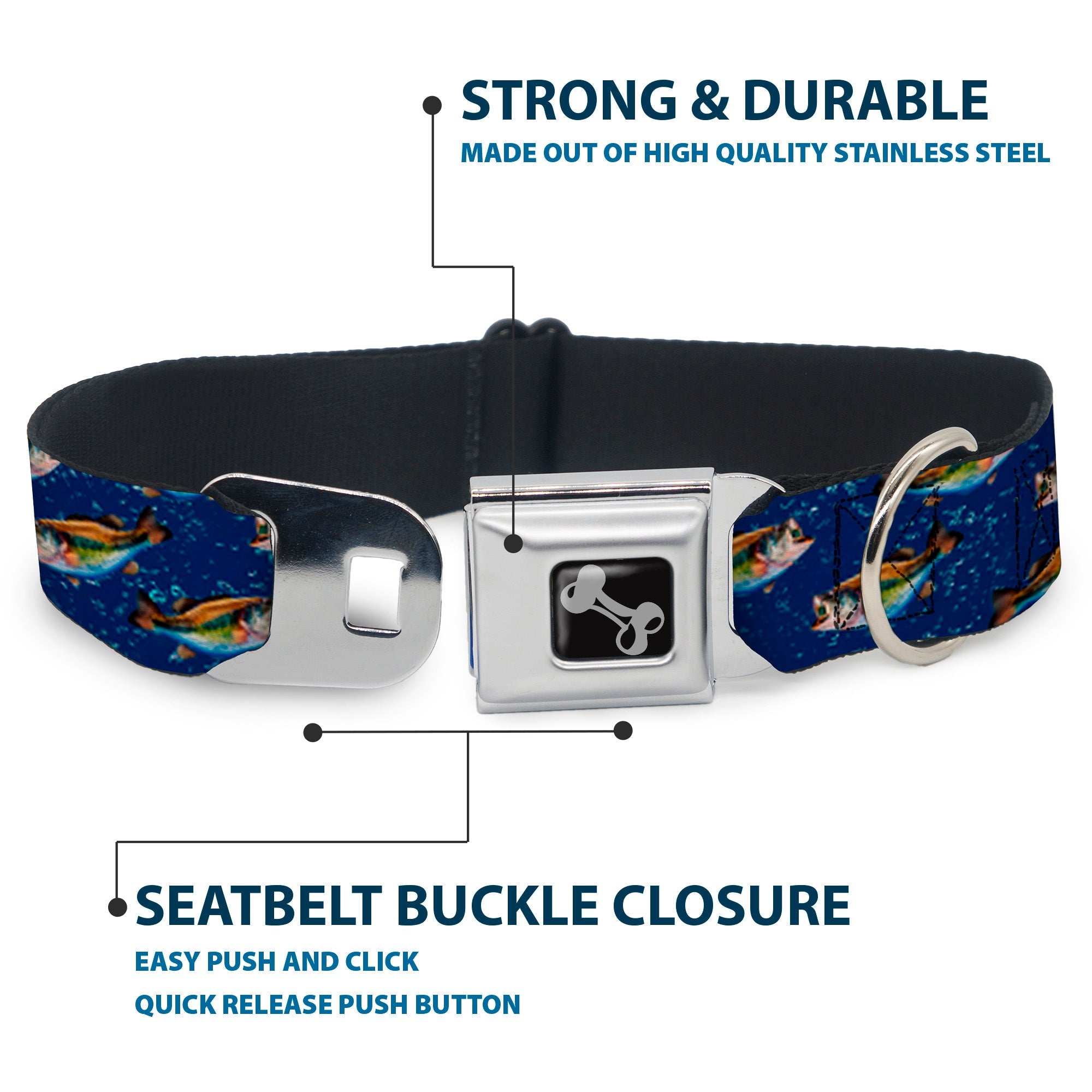 Dog Bone Seatbelt Buckle Collar - Bass Fish/Water Bubbles
