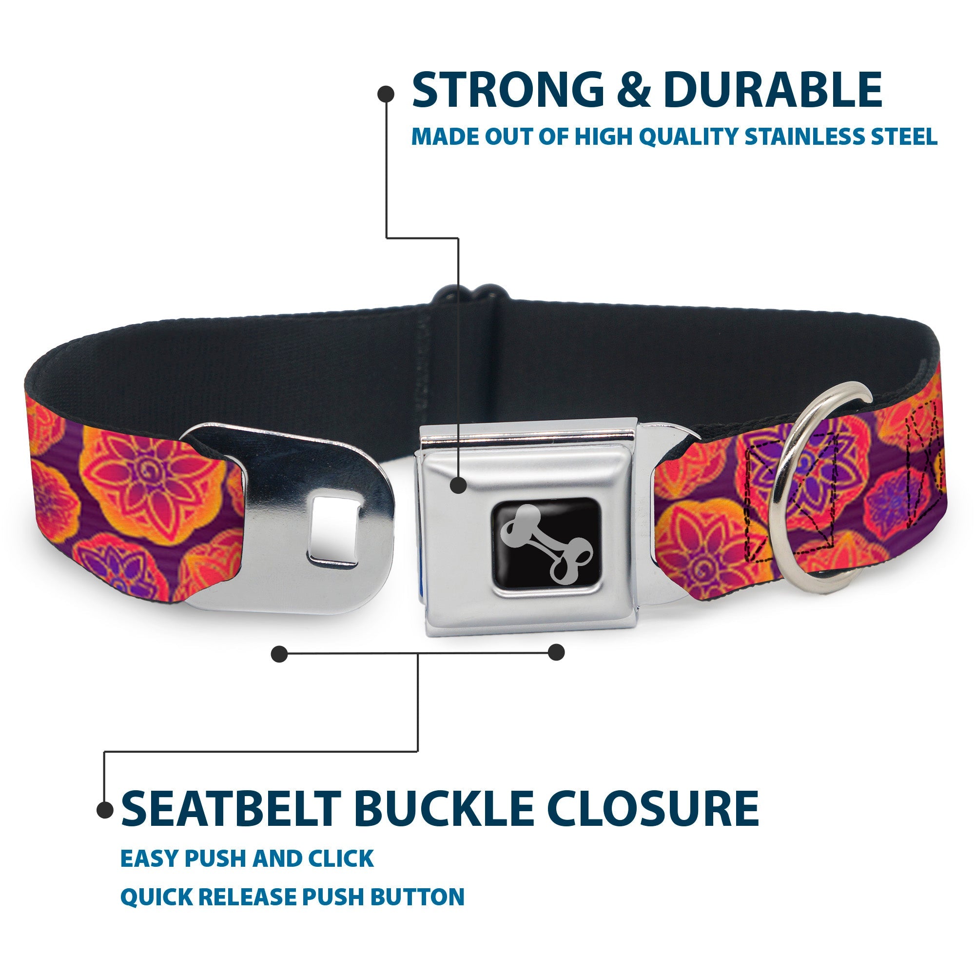Dog Bone Seatbelt Buckle Collar - Boho Mandala Purples/Oranges/Pinks