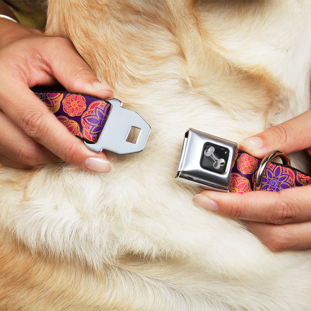 Dog Bone Seatbelt Buckle Collar - Boho Mandala Purples/Oranges/Pinks