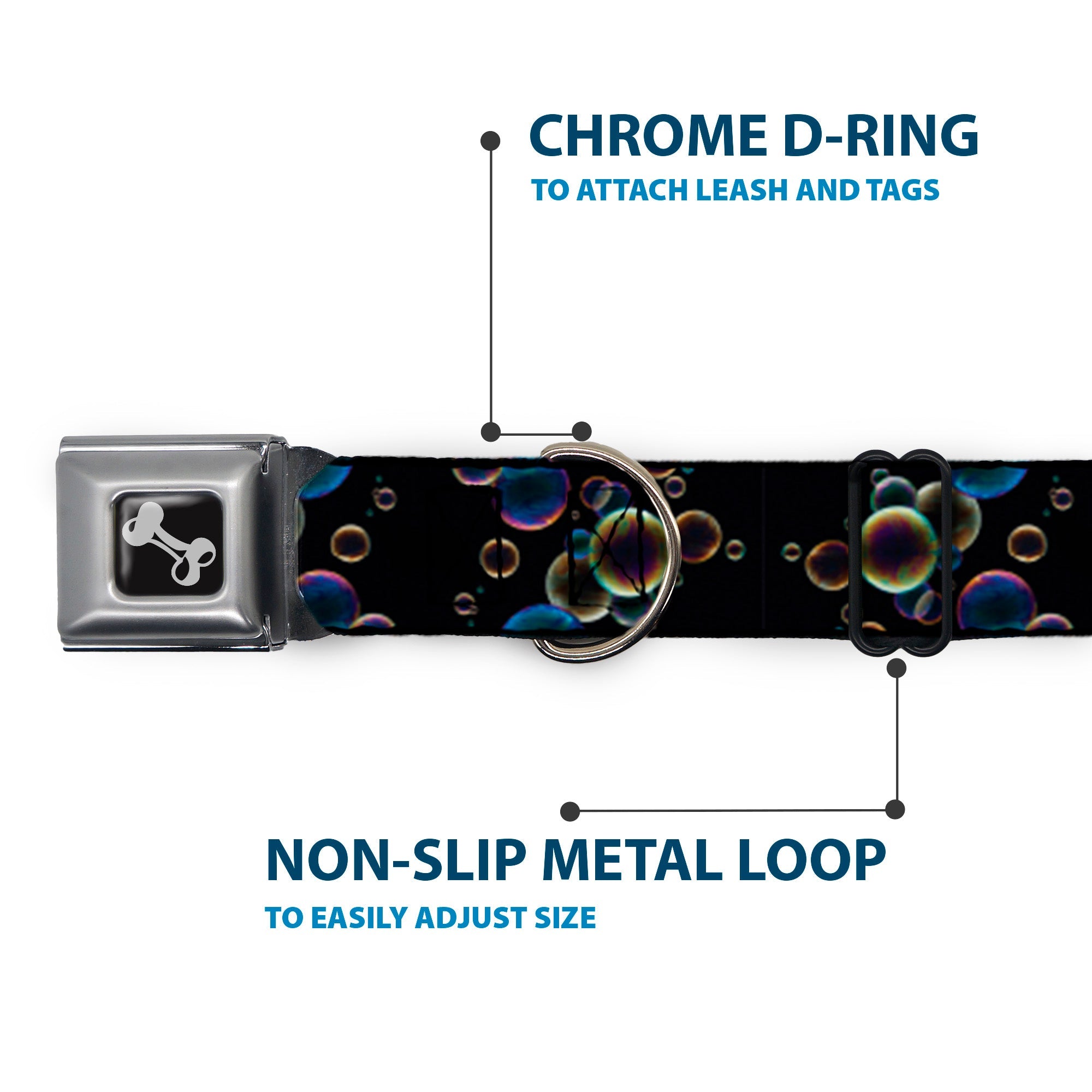 Dog Bone Seatbelt Buckle Collar - Bubbles Black/Iridescent Multi Color