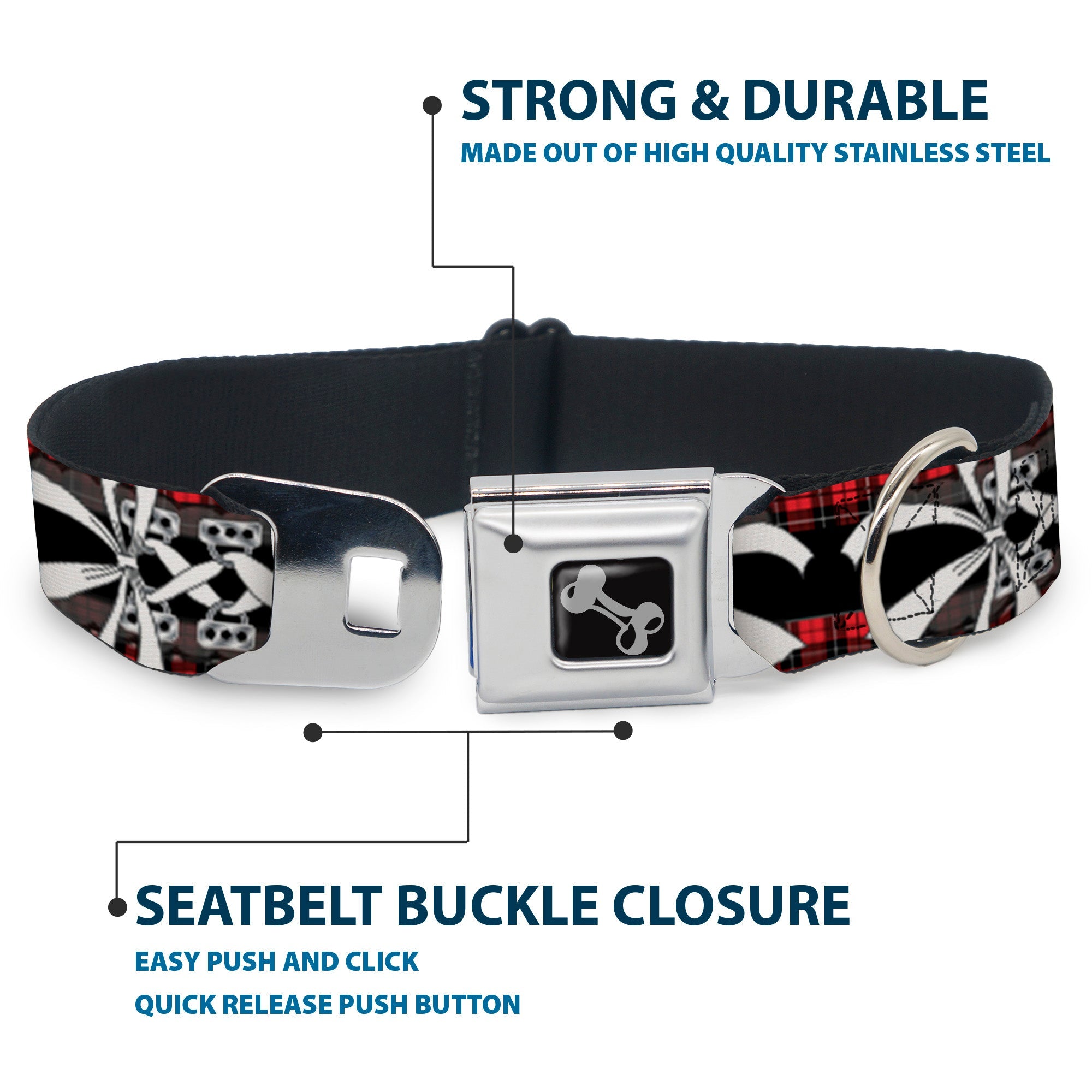 Dog Bone Seatbelt Buckle Collar - Corset Lace Up w/Bow Red Plaid/Black