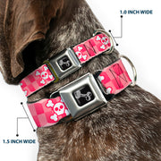 Dog Bone Seatbelt Buckle Collar - Cute Skulls w/Checkers Pinks/White