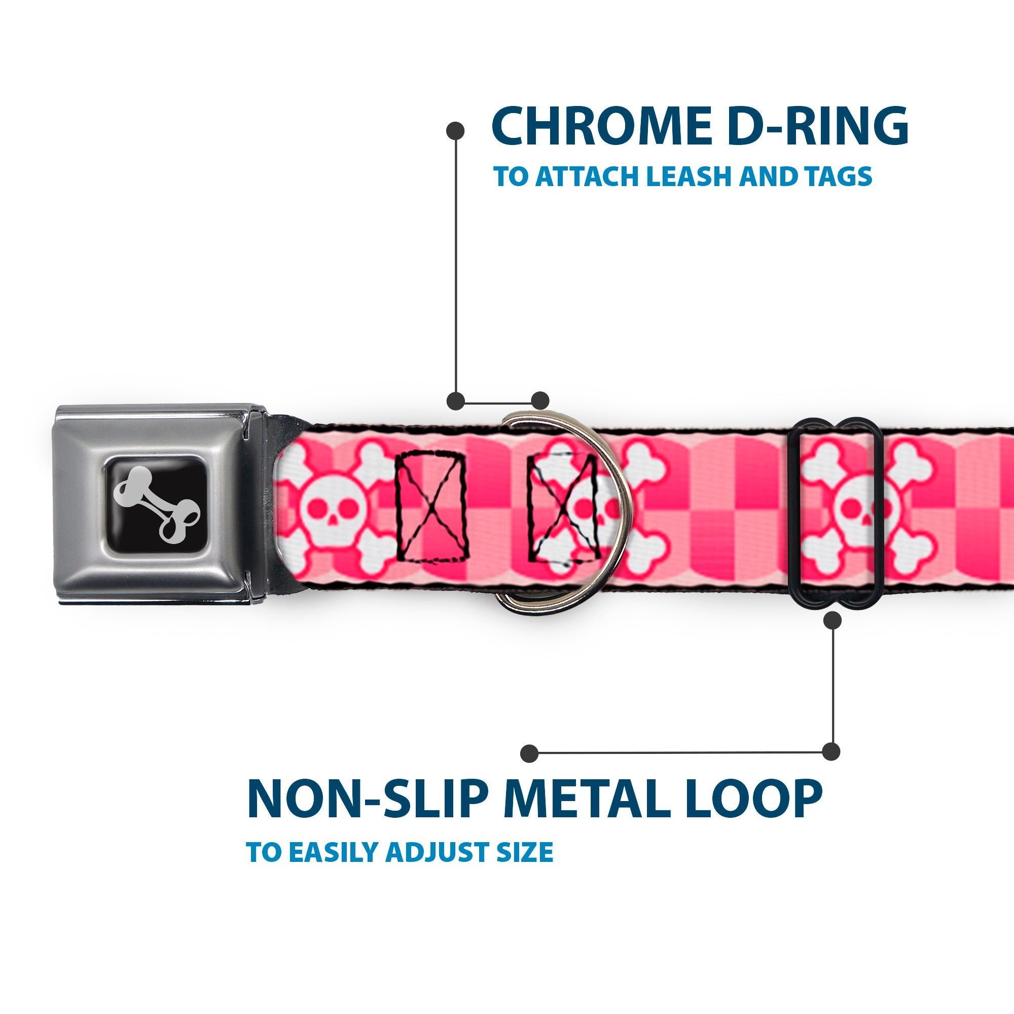 Dog Bone Seatbelt Buckle Collar - Cute Skulls w/Checkers Pinks/White