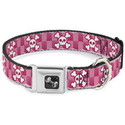 Dog Bone Seatbelt Buckle Collar - Cute Skulls w/Checkers Pinks/White