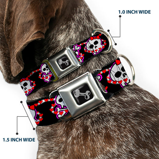 Dog Bone Seatbelt Buckle Collar - Cute Skulls w/Hearts