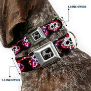 Dog Bone Seatbelt Buckle Collar - Cute Skulls w/Hearts