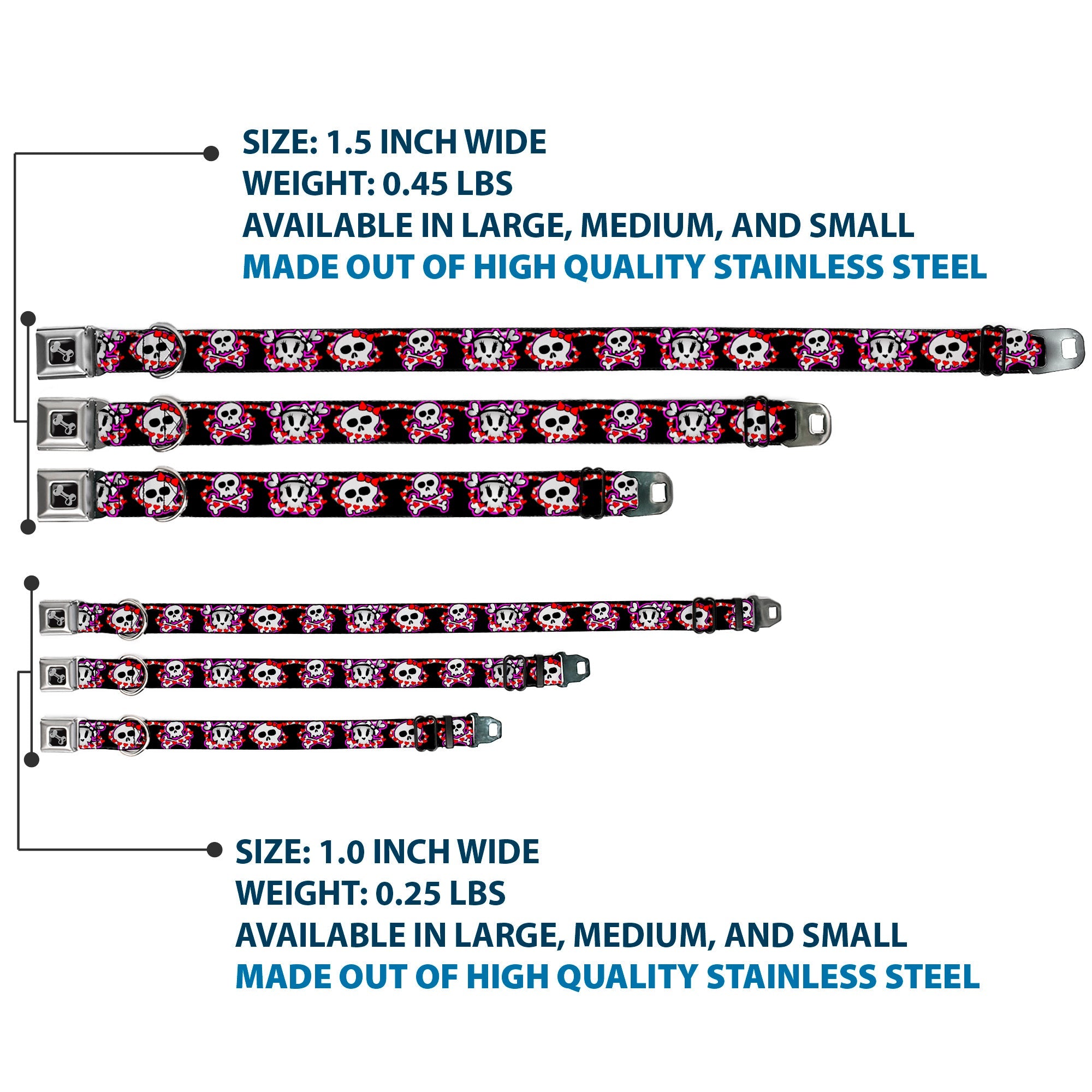 Dog Bone Seatbelt Buckle Collar - Cute Skulls w/Hearts
