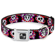 Dog Bone Seatbelt Buckle Collar - Cute Skulls w/Hearts