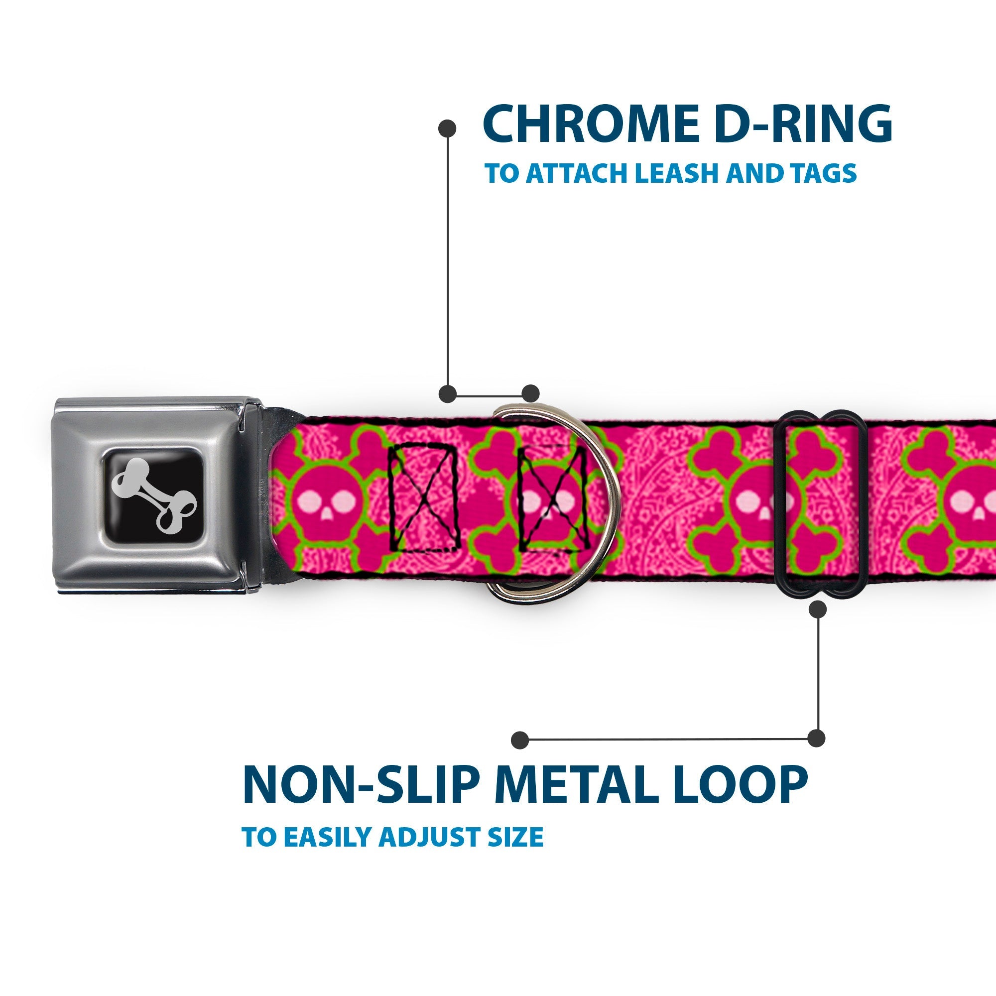 Dog Bone Seatbelt Buckle Collar - Cute Skulls w/Paisley Purple/Pink/Green