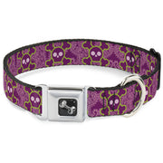 Dog Bone Seatbelt Buckle Collar - Cute Skulls w/Paisley Purple/Pink/Green