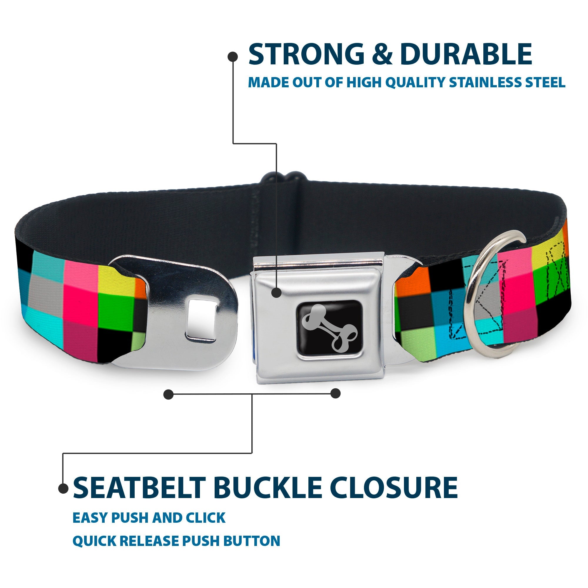 Dog Bone Seatbelt Buckle Collar - Checker Bright Pastel