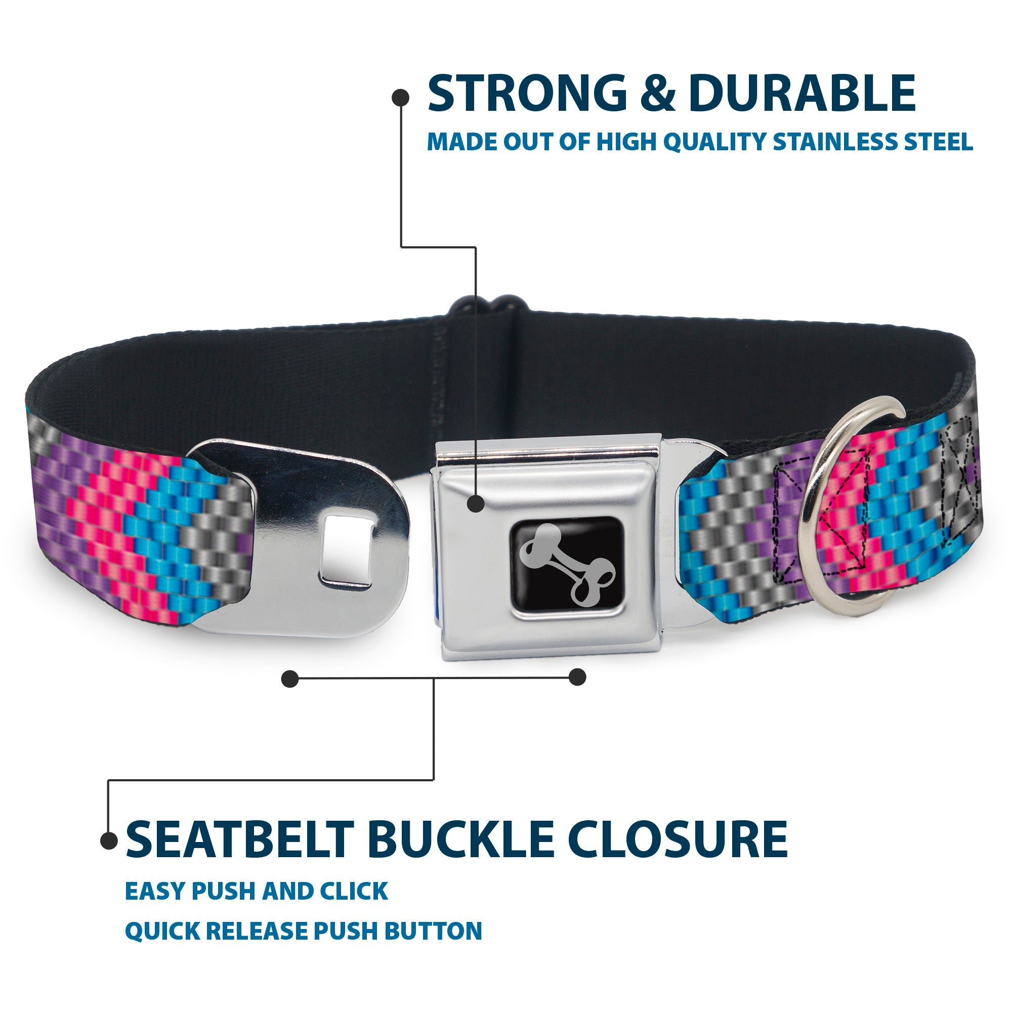 Dog Bone Seatbelt Buckle Collar - Chevron Weave Gray/Lavender/Pink/Baby Blue