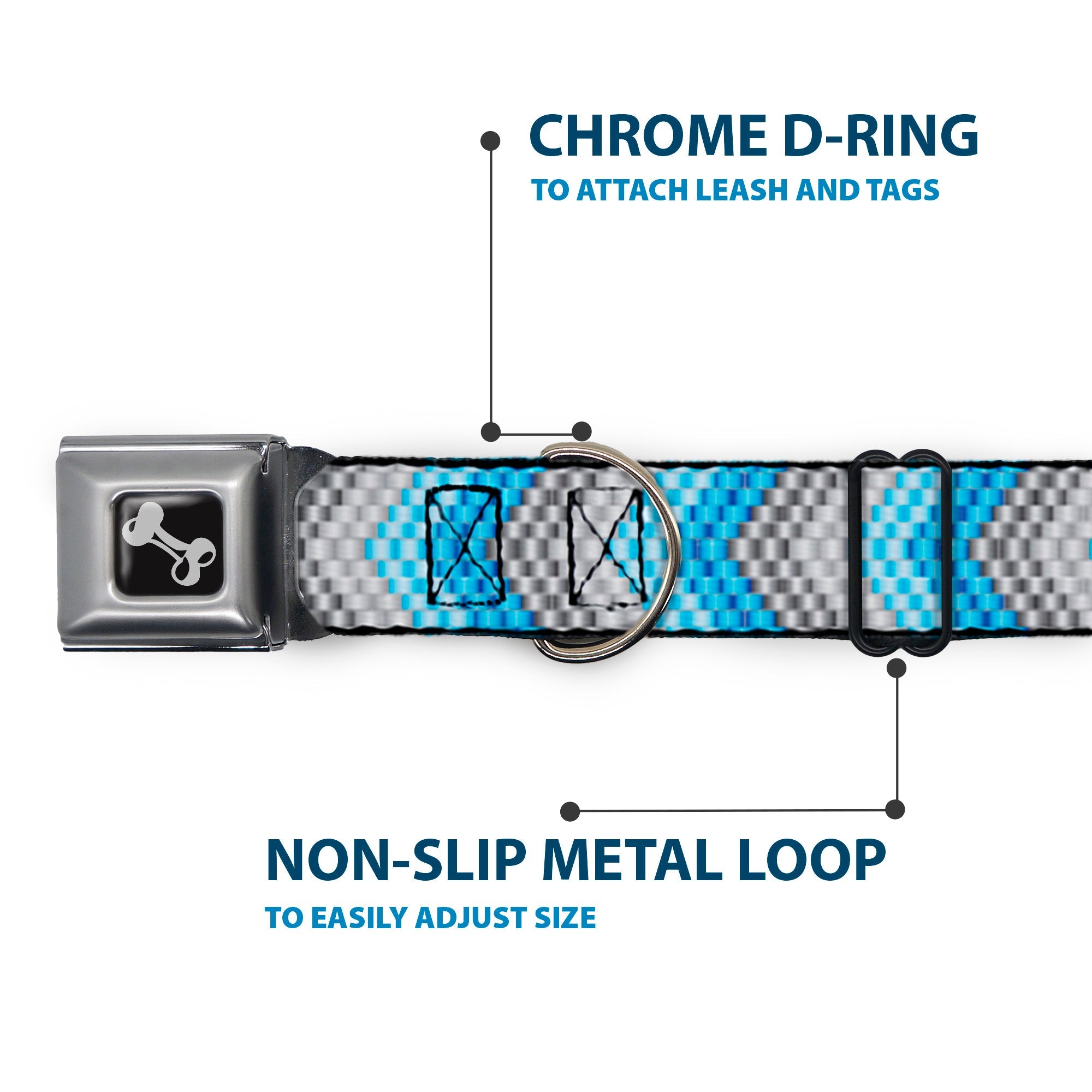 Dog Bone Seatbelt Buckle Collar - Chevron Weave Grays/Blues
