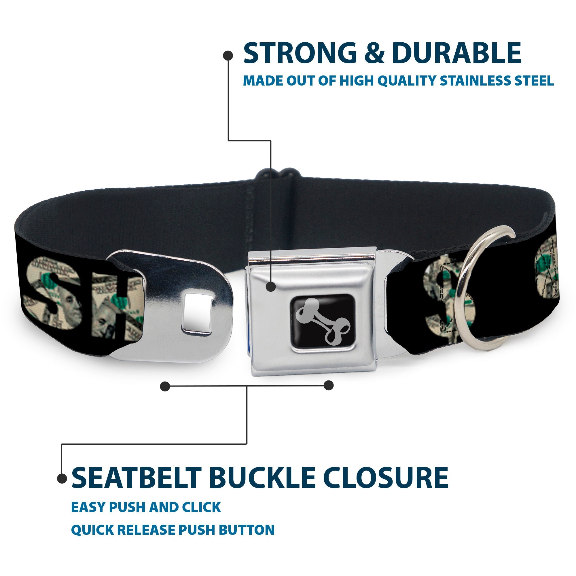 Dog Bone Seatbelt Buckle Collar - CASH MONEY $ Black/Dollars