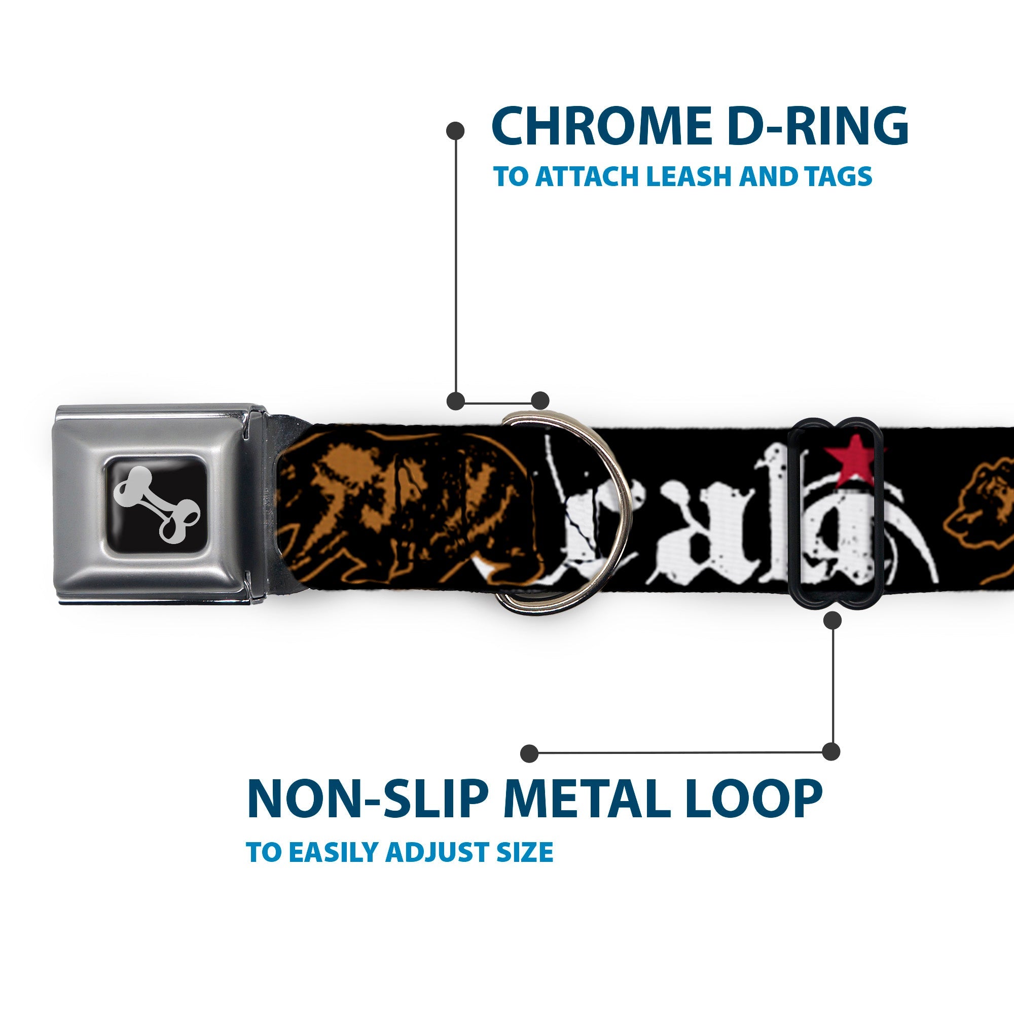 Dog Bone Seatbelt Buckle Collar - CALI w/Grizzly Bear