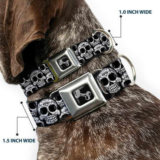 Dog Bone Seatbelt Buckle Collar - Cartoon Sugar Skulls Stacked Black/White