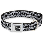 Dog Bone Seatbelt Buckle Collar - Cartoon Sugar Skulls Stacked Black/White