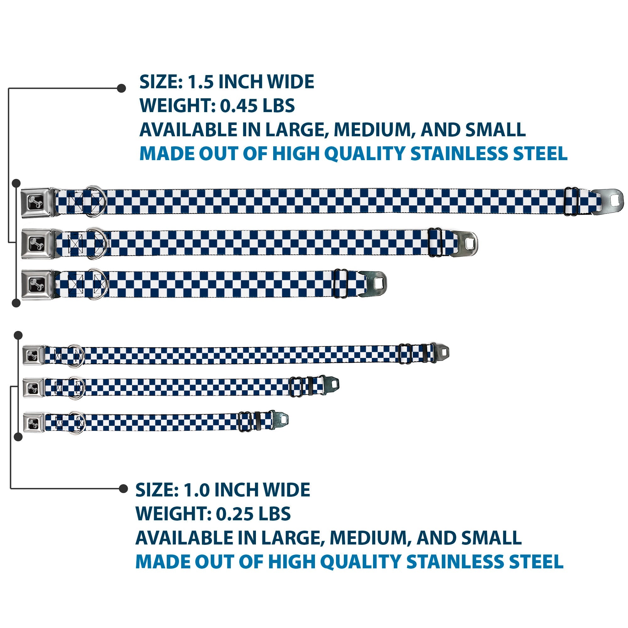 Dog Bone Seatbelt Buckle Collar - Checker Sapphire Blue/White