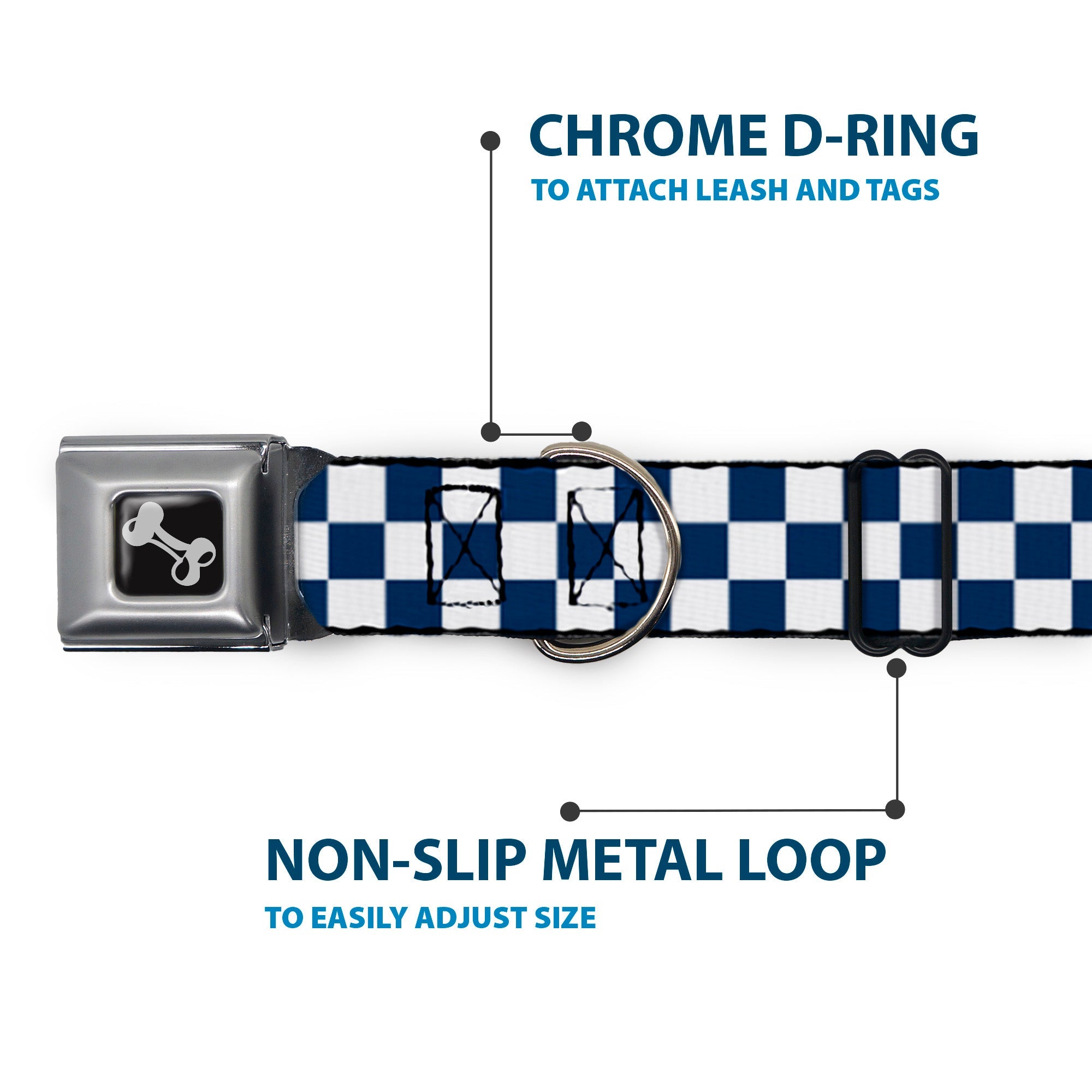 Dog Bone Seatbelt Buckle Collar - Checker Sapphire Blue/White