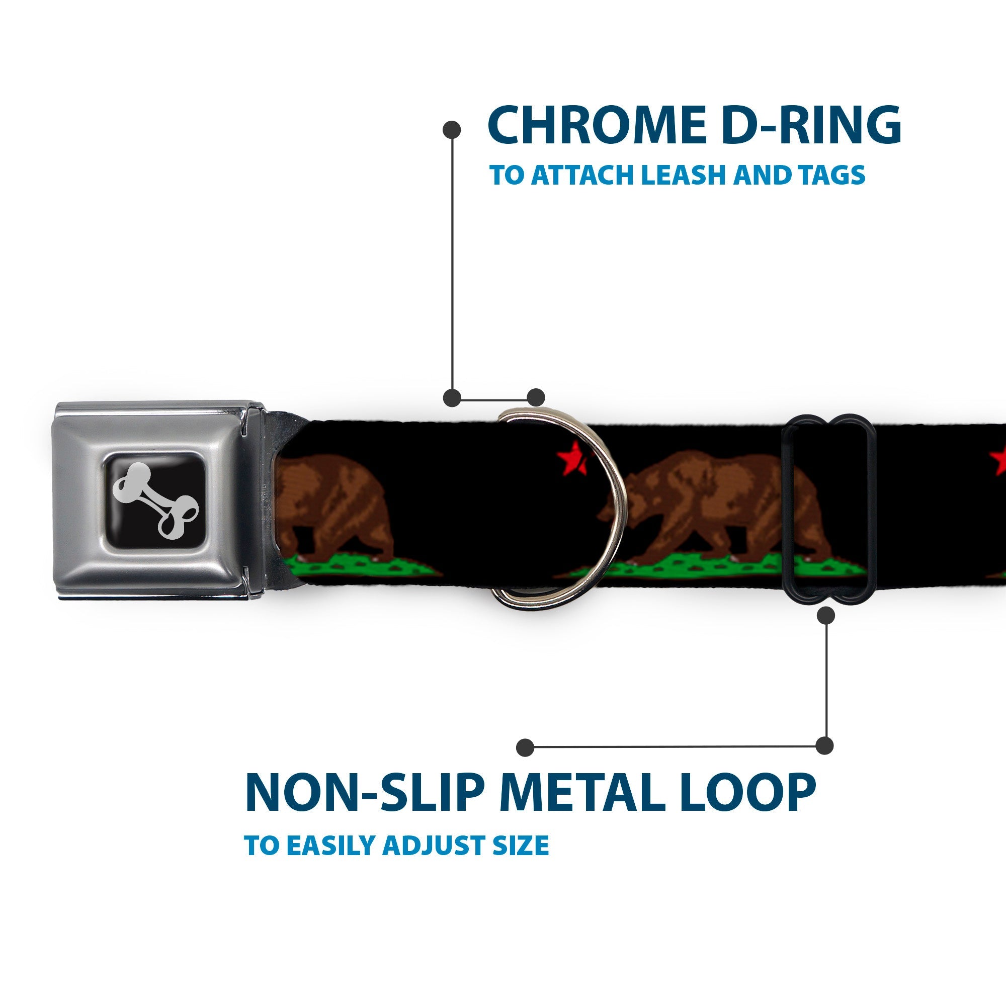 Dog Bone Seatbelt Buckle Collar - California Flag Bear Black