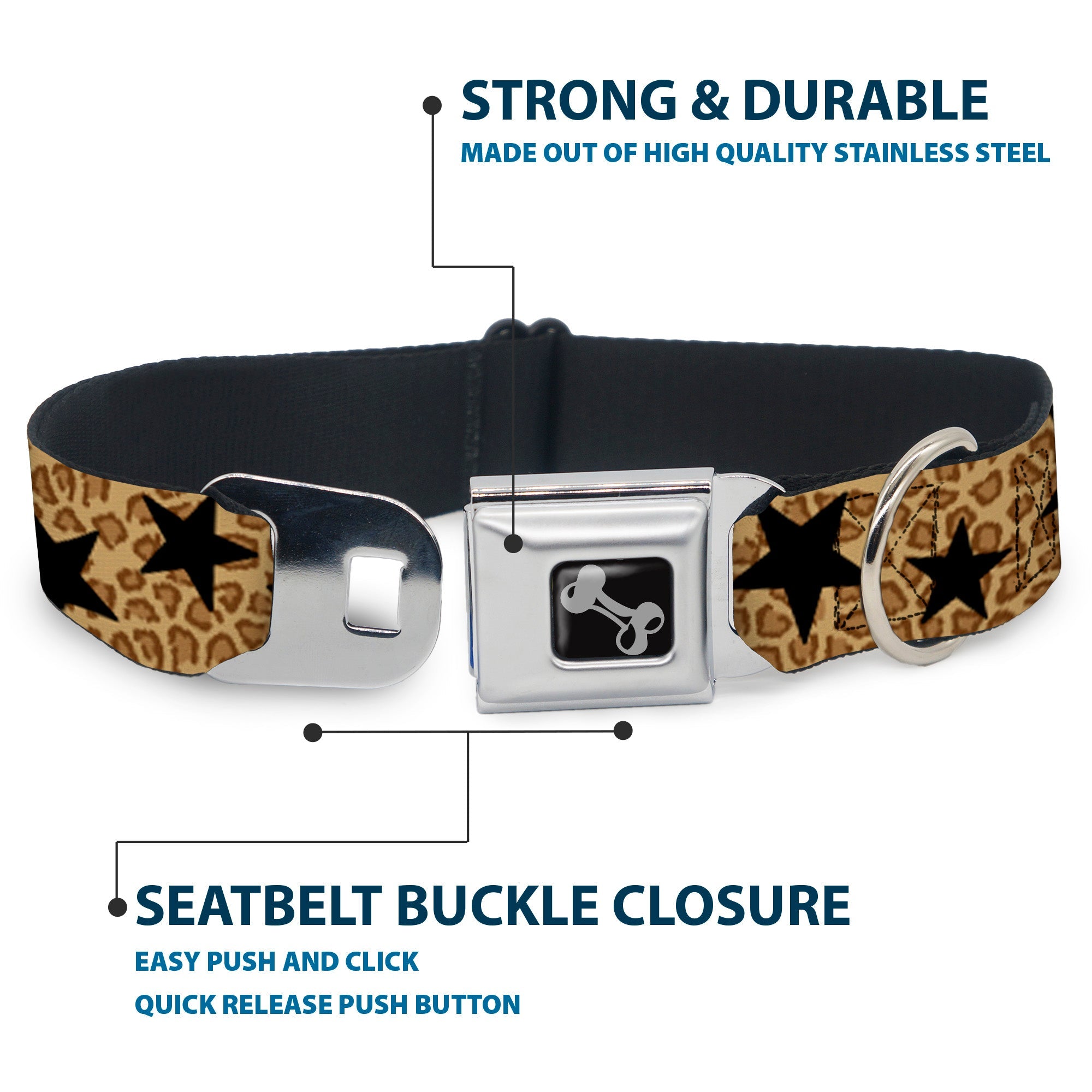 Dog Bone Seatbelt Buckle Collar - Cheetah/Stars Tan/Black