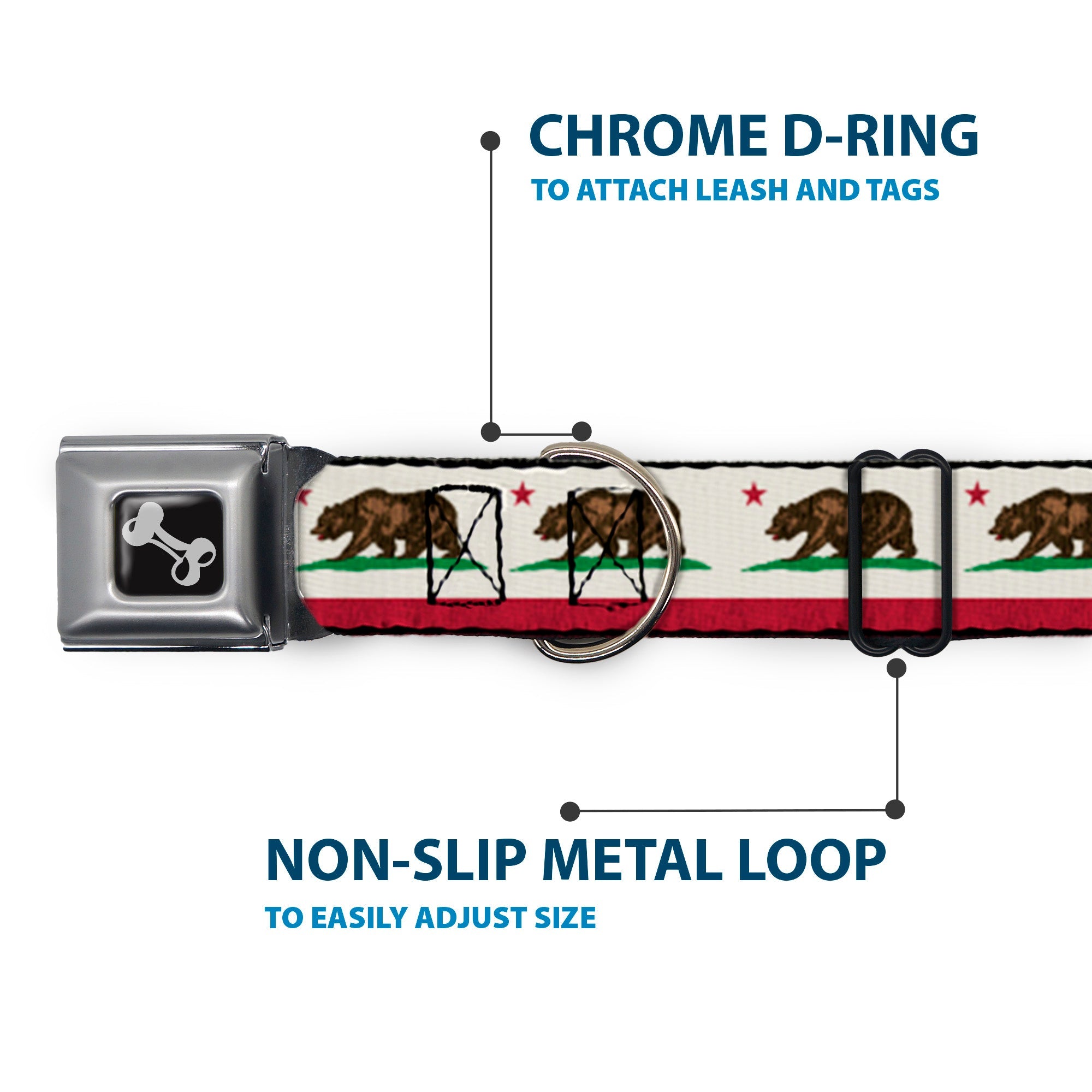 Dog Bone Seatbelt Buckle Collar - California Flag Bear Weathered White