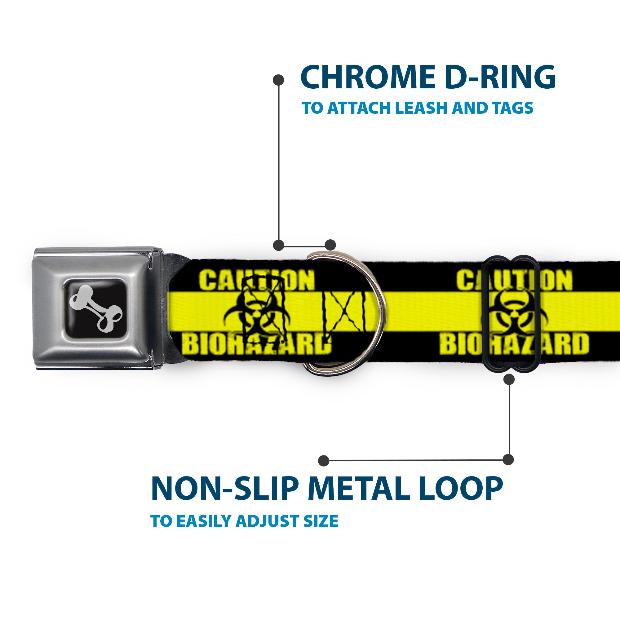 Dog Bone Seatbelt Buckle Collar - CAUTION BIOHAZARD Black/Yellow