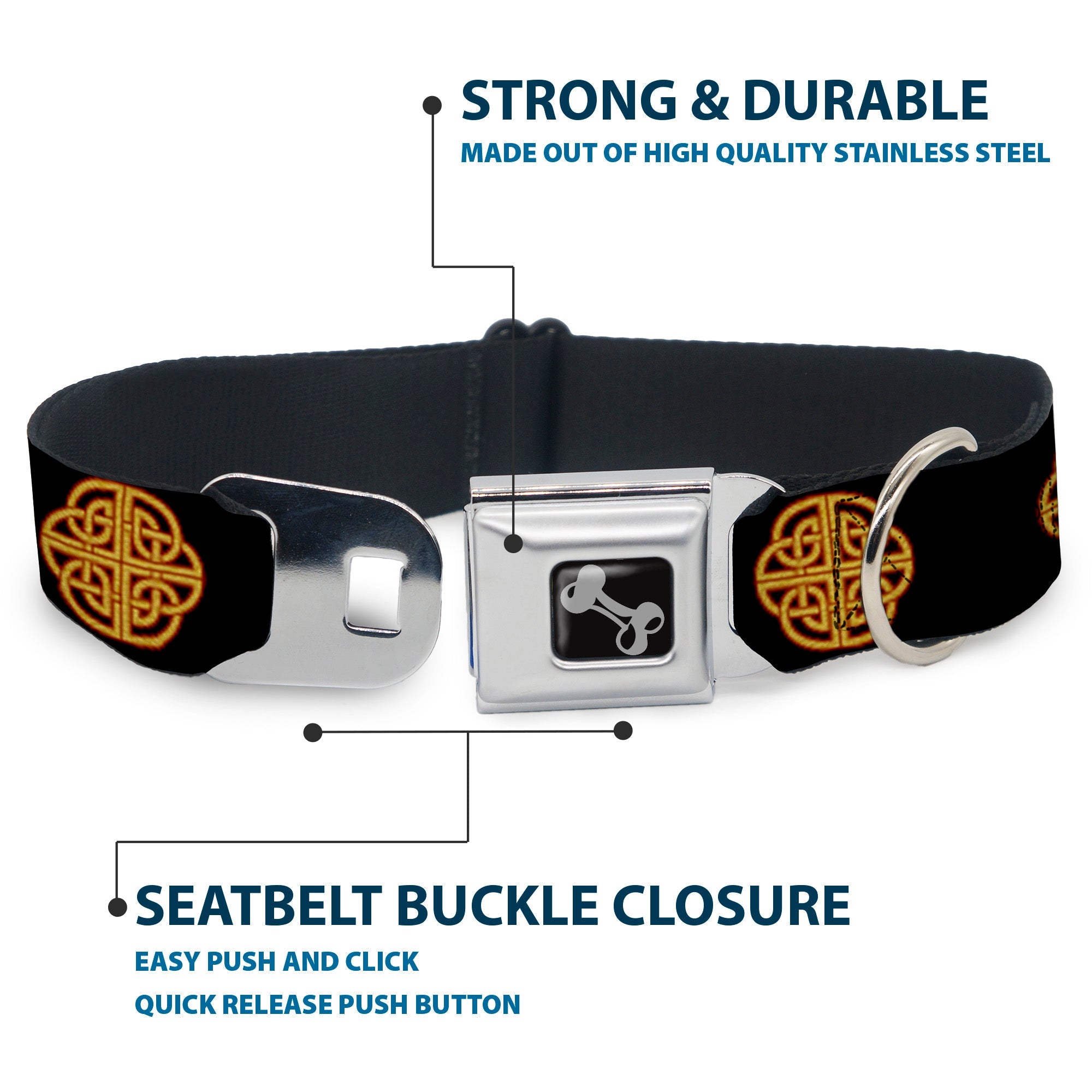 Dog Bone Seatbelt Buckle Collar - Celtic Knot Black/Burgundy/Gold