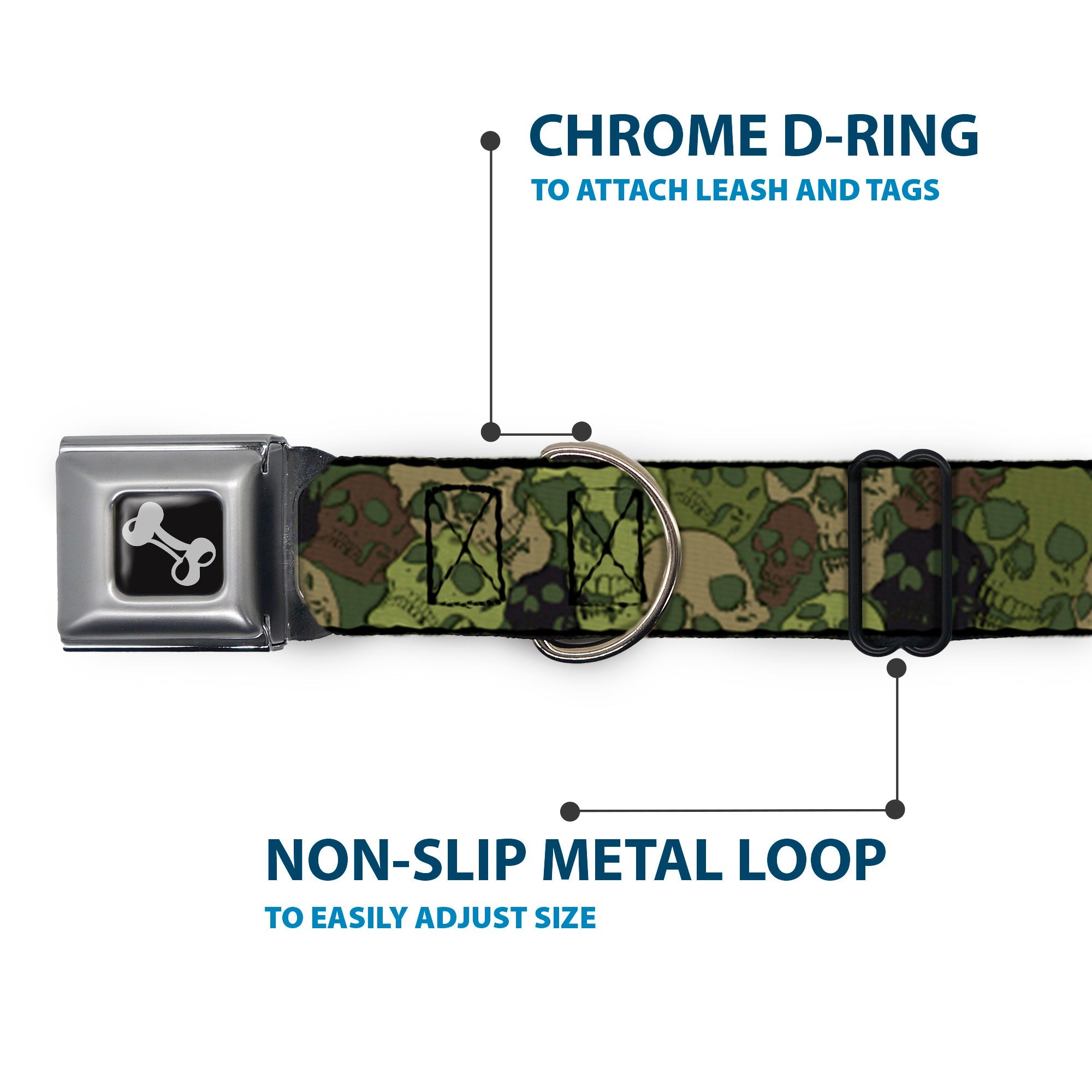 Dog Bone Seatbelt Buckle Collar - Camo Olive Skull Yard