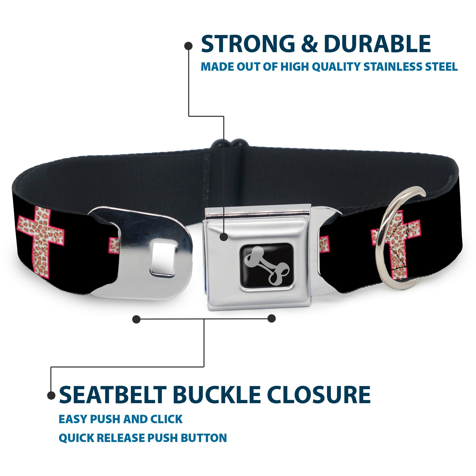 Dog Bone Seatbelt Buckle Collar - Cross Repeat Black/Leopard Brown/Pink Outline