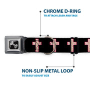 Dog Bone Seatbelt Buckle Collar - Cross Repeat Black/Leopard Brown/Pink Outline