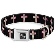 Dog Bone Seatbelt Buckle Collar - Cross Repeat Black/Leopard Brown/Pink Outline