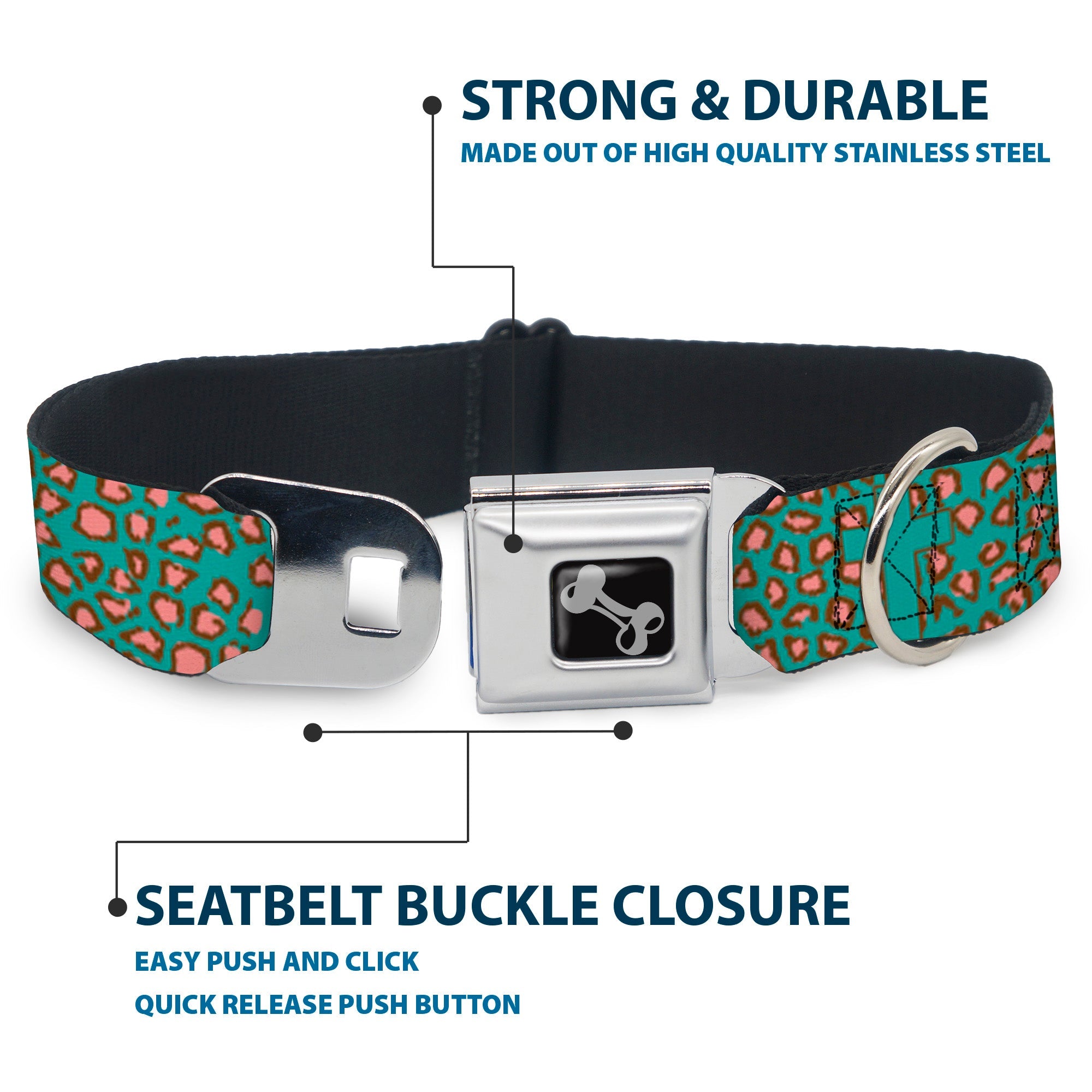 Dog Bone Seatbelt Buckle Collar - Cross Repeat Leopard Turquoise/Pink