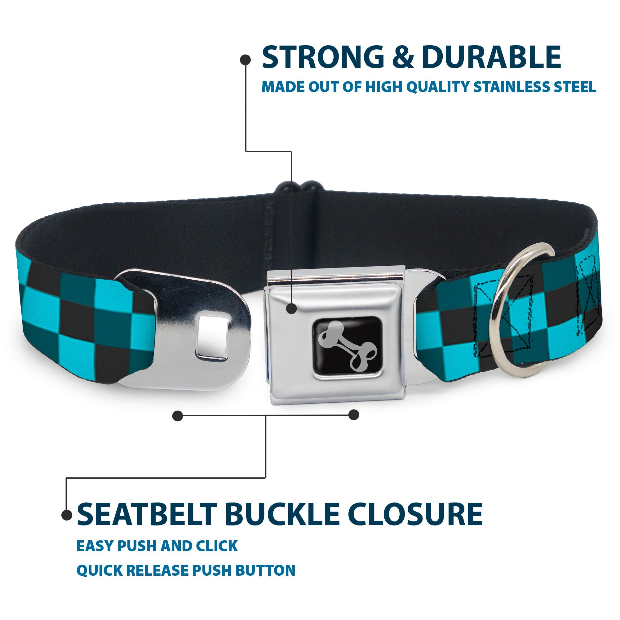 Dog Bone Seatbelt Buckle Collar - Checker Trio Baby Blue/Black/Turquoise